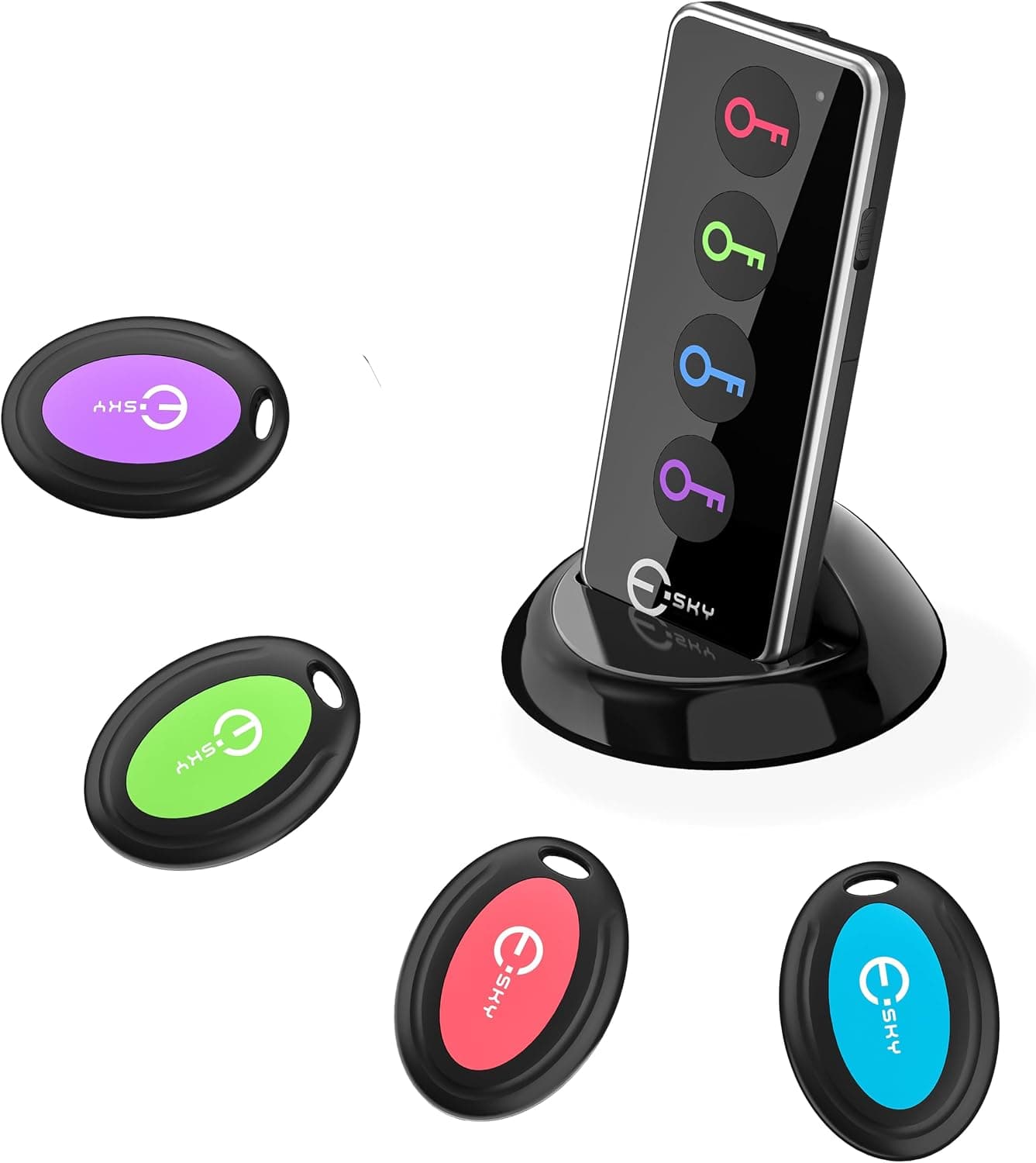 Esky key finder set with remote transmitter and four colored receiver tags